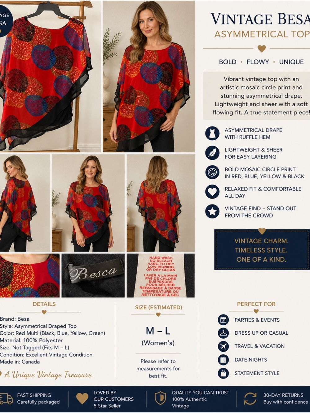 Red Asymmetrical Mosaic Circle Print Blouse